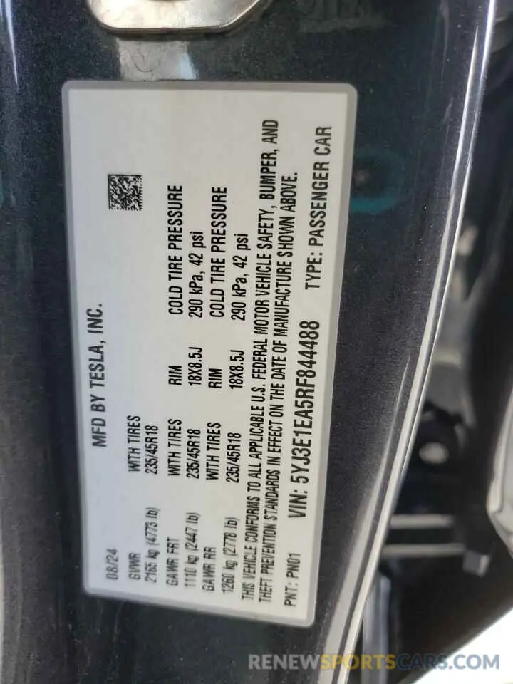 14 Фотография поврежденного автомобиля 5YJ3E1EA5RF844488 TESLA MODEL 3 2024