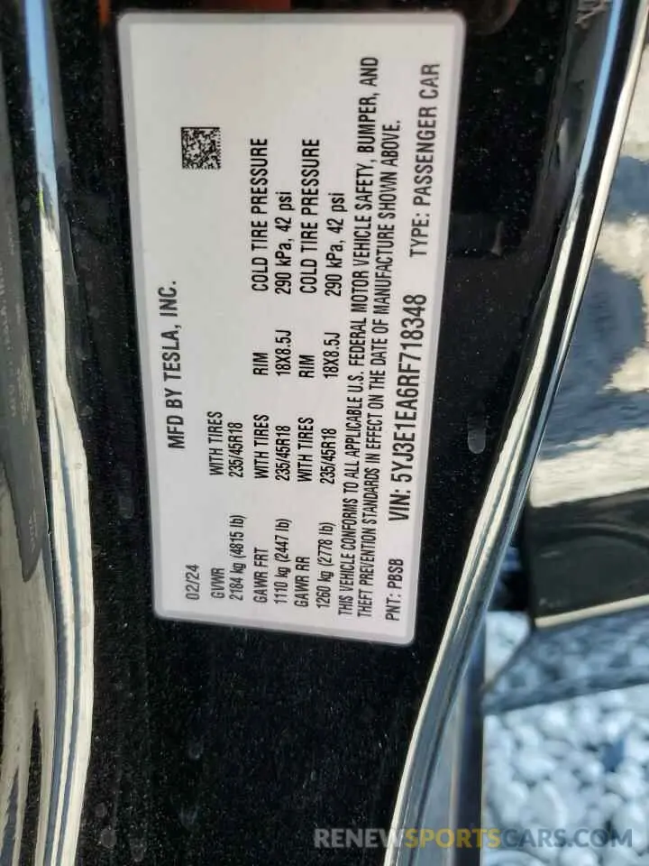 12 Photograph of a damaged car 5YJ3E1EA6RF718348 TESLA MODEL 3 2024