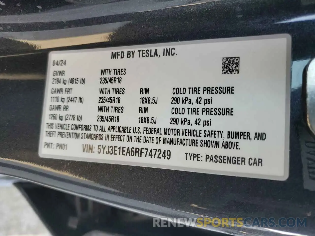 15 Фотография поврежденного автомобиля 5YJ3E1EA6RF747249 TESLA MODEL 3 2024