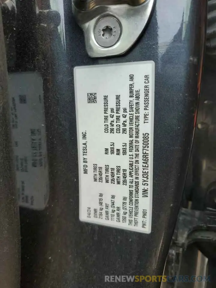 12 Фотография поврежденного автомобиля 5YJ3E1EA6RF750085 TESLA MODEL 3 2024