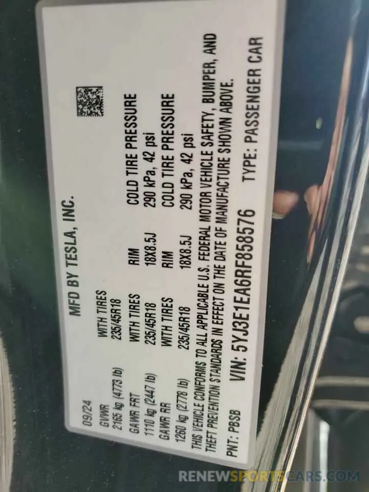 13 Photograph of a damaged car 5YJ3E1EA6RF858576 TESLA MODEL 3 2024
