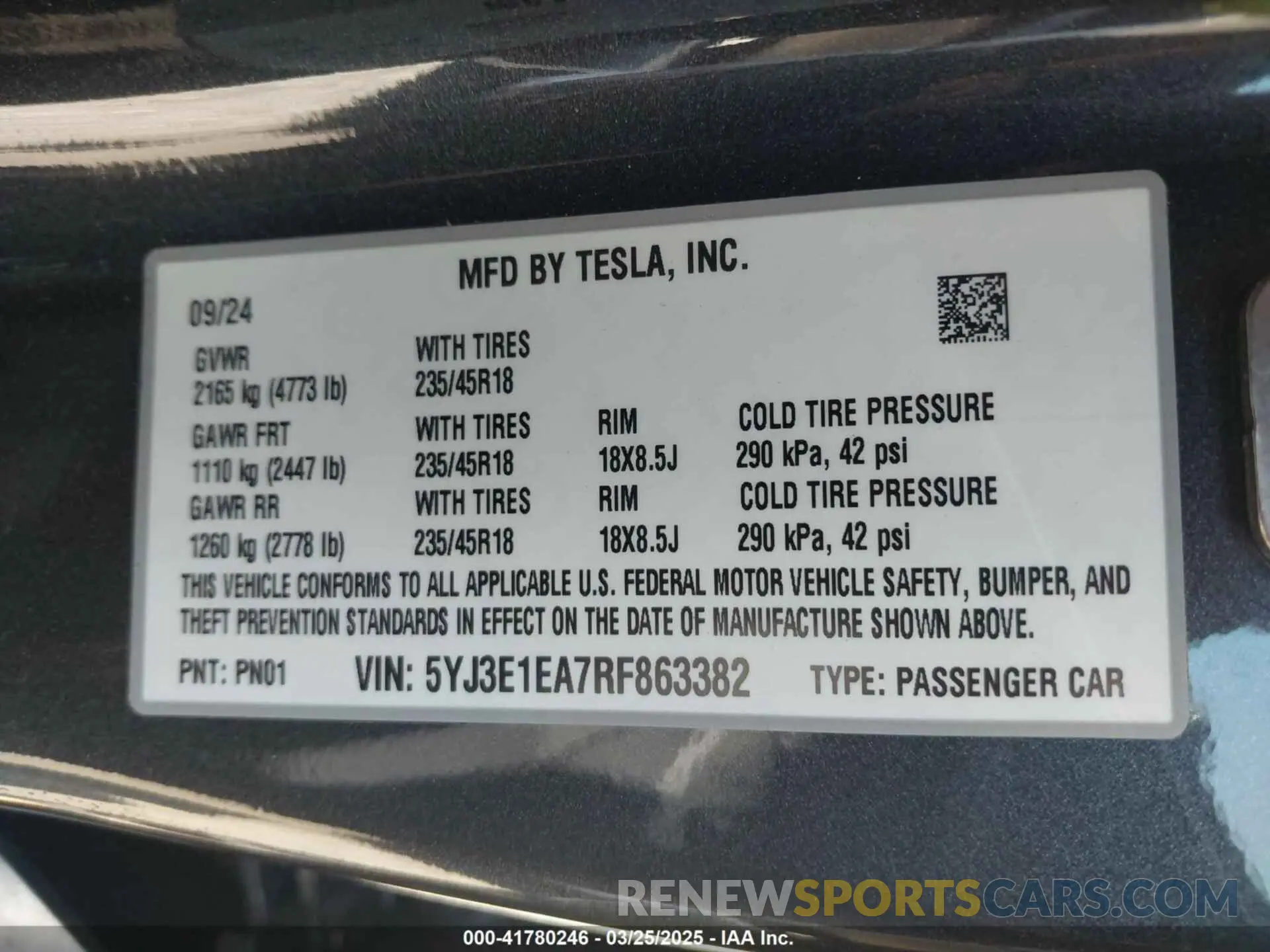 9 Фотография поврежденного автомобиля 5YJ3E1EA7RF863382 TESLA MODEL 3 2024