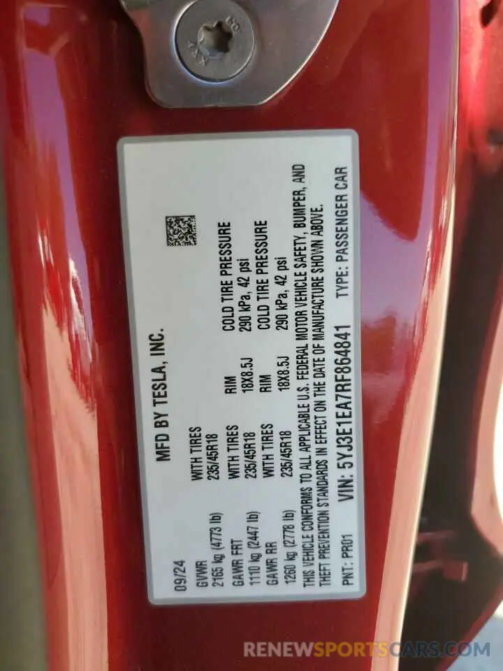13 Photograph of a damaged car 5YJ3E1EA7RF864841 TESLA MODEL 3 2024