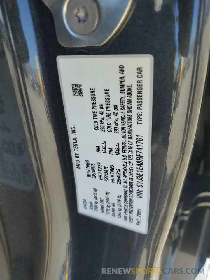 15 Photograph of a damaged car 5YJ3E1EA8RF741761 TESLA MODEL 3 2024