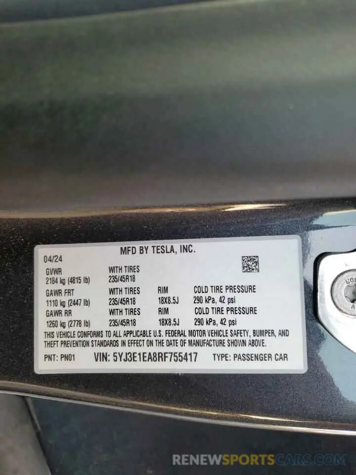 12 Фотография поврежденного автомобиля 5YJ3E1EA8RF755417 TESLA MODEL 3 2024