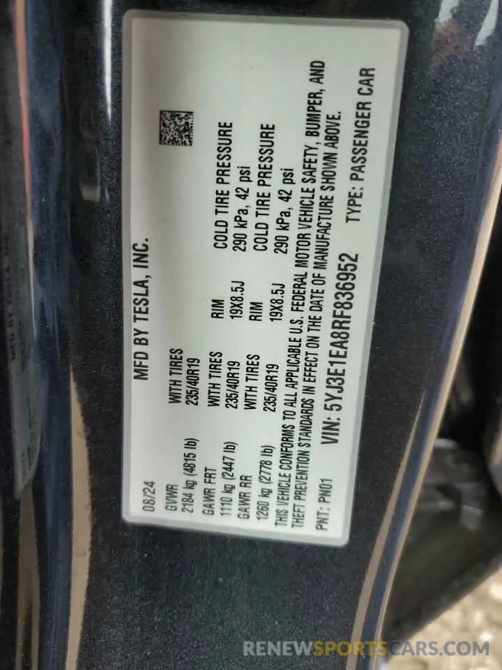 14 Photograph of a damaged car 5YJ3E1EA8RF836952 TESLA MODEL 3 2024