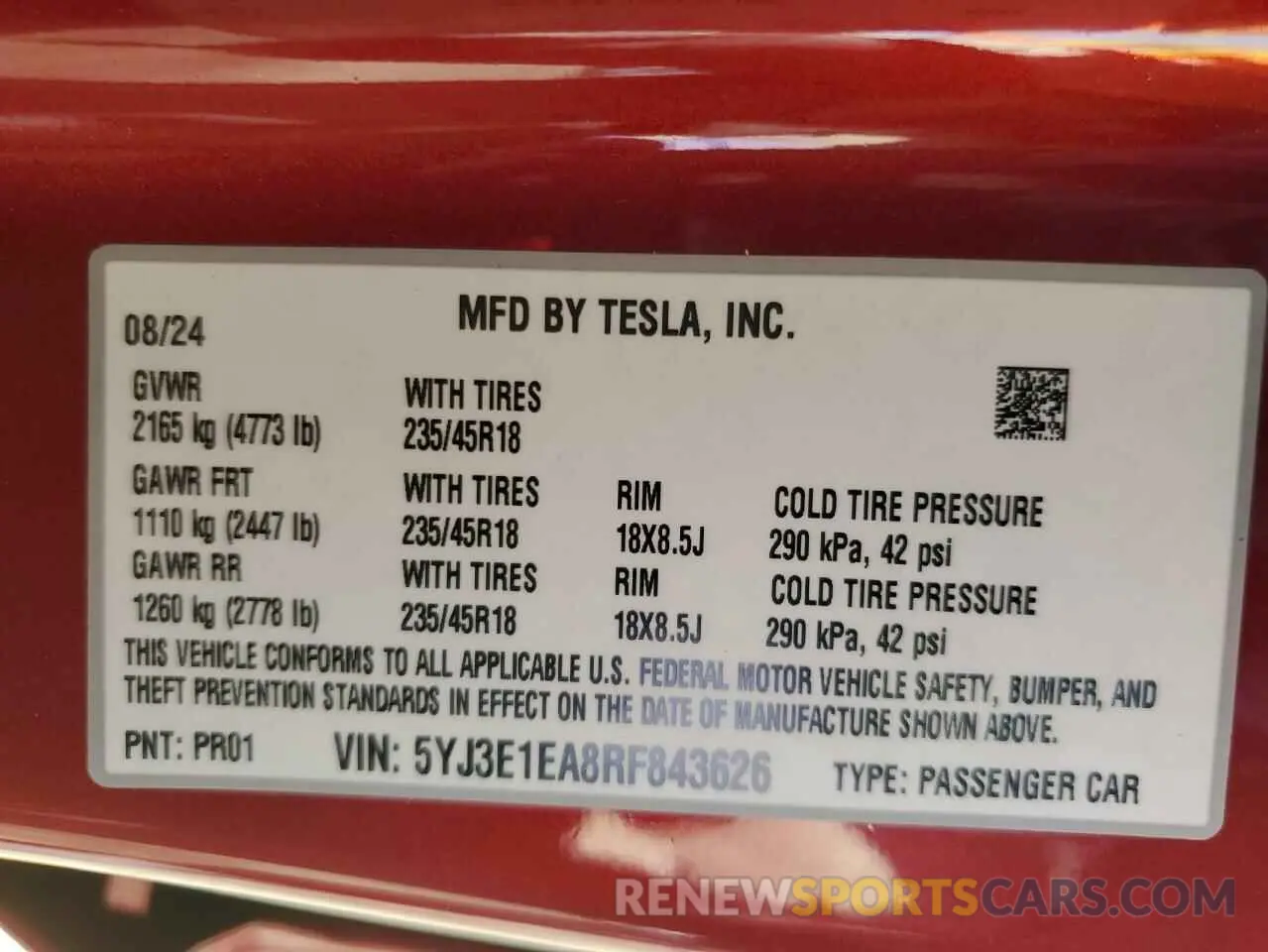 12 Photograph of a damaged car 5YJ3E1EA8RF843626 TESLA MODEL 3 2024