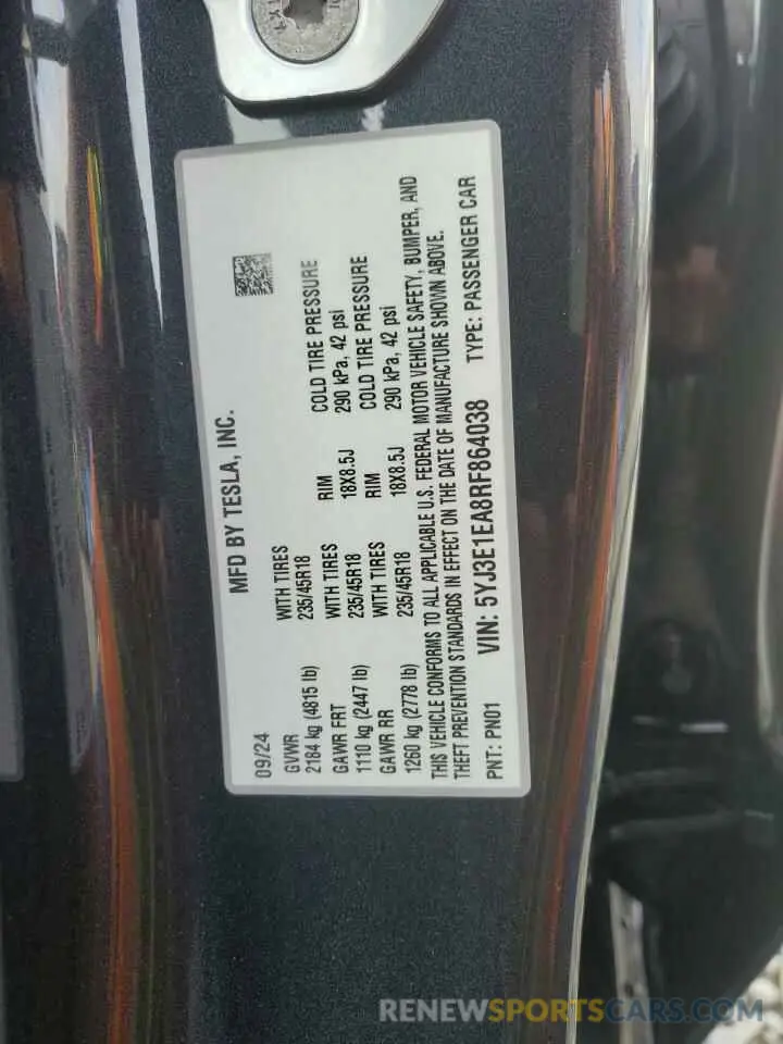 13 Фотография поврежденного автомобиля 5YJ3E1EA8RF864038 TESLA MODEL 3 2024