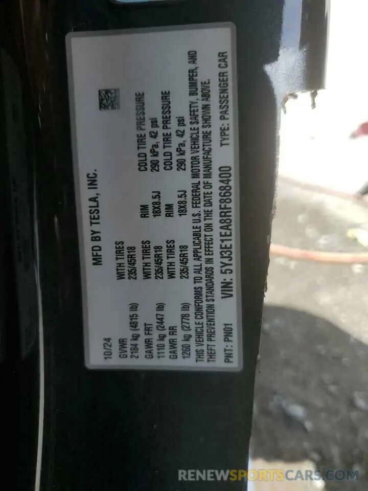 13 Photograph of a damaged car 5YJ3E1EA8RF868400 TESLA MODEL 3 2024