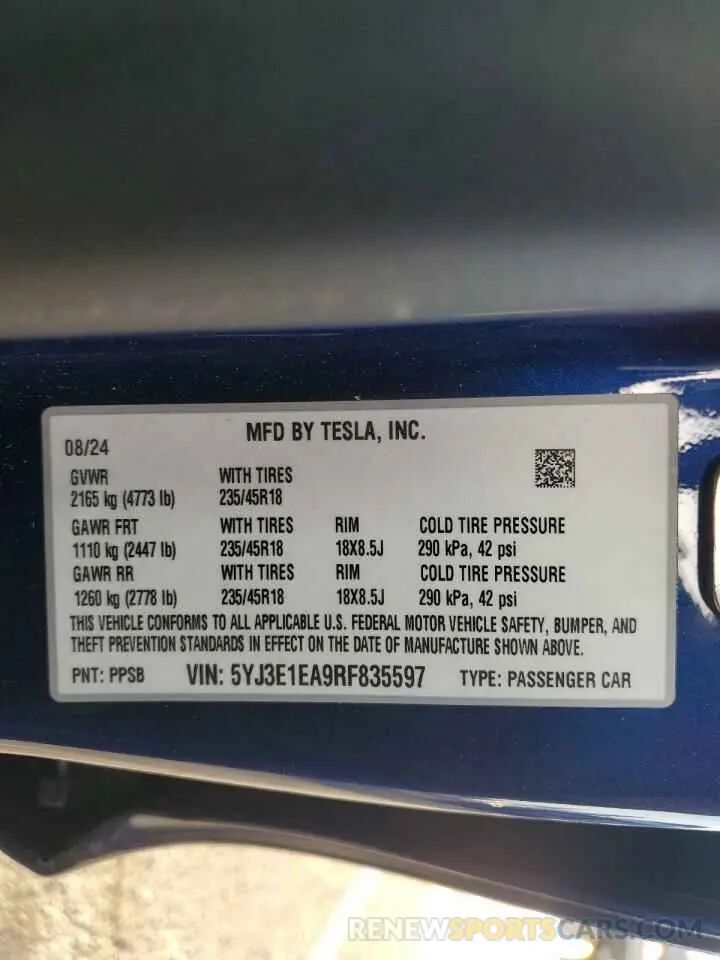 12 Photograph of a damaged car 5YJ3E1EA9RF835597 TESLA MODEL 3 2024