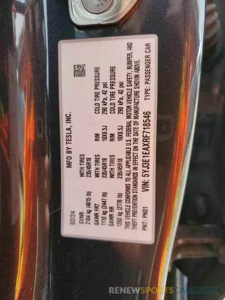 12 Photograph of a damaged car 5YJ3E1EAXRF718546 TESLA MODEL 3 2024