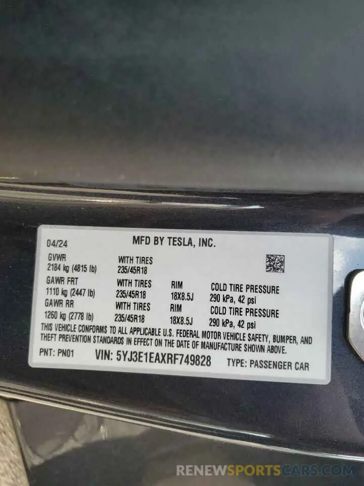 12 Фотография поврежденного автомобиля 5YJ3E1EAXRF749828 TESLA MODEL 3 2024