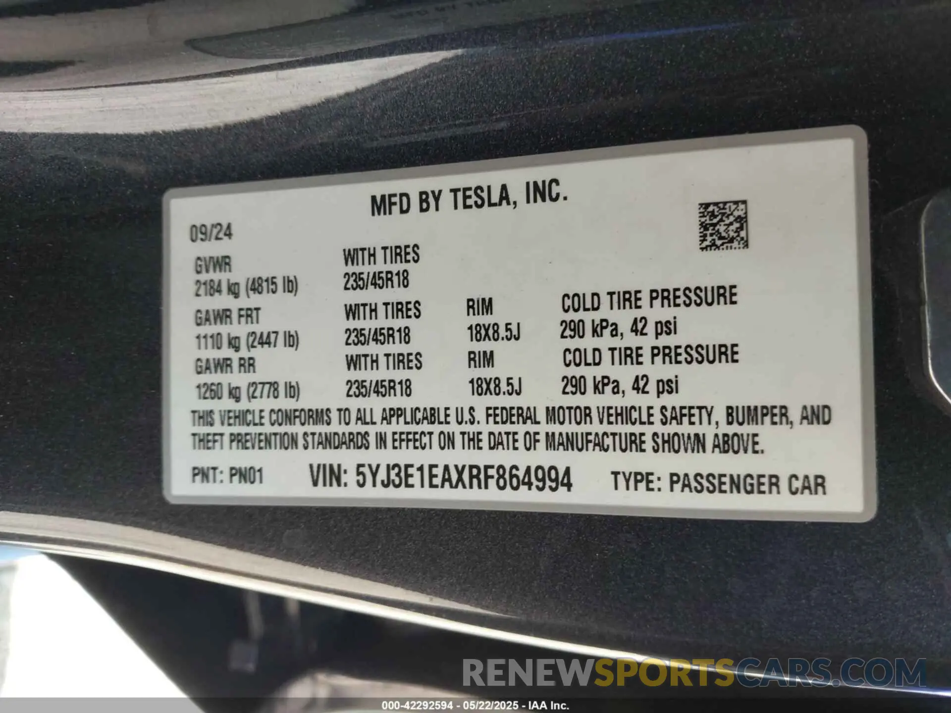 9 Фотография поврежденного автомобиля 5YJ3E1EAXRF864994 TESLA MODEL 3 2024