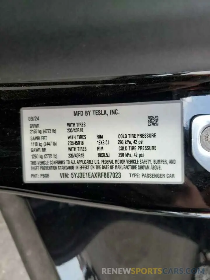 14 Photograph of a damaged car 5YJ3E1EAXRF867023 TESLA MODEL 3 2024