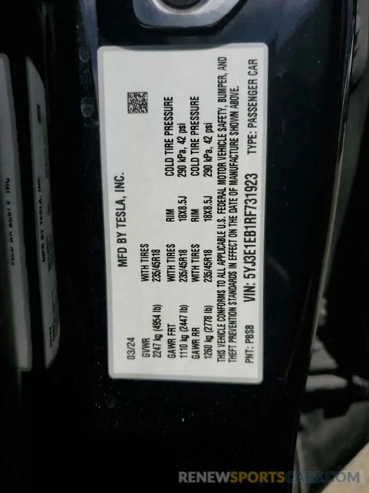 12 Photograph of a damaged car 5YJ3E1EB1RF731923 TESLA MODEL 3 2024