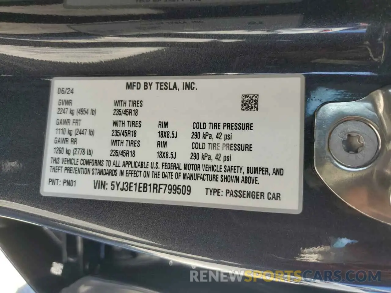 14 Фотография поврежденного автомобиля 5YJ3E1EB1RF799509 TESLA MODEL 3 2024