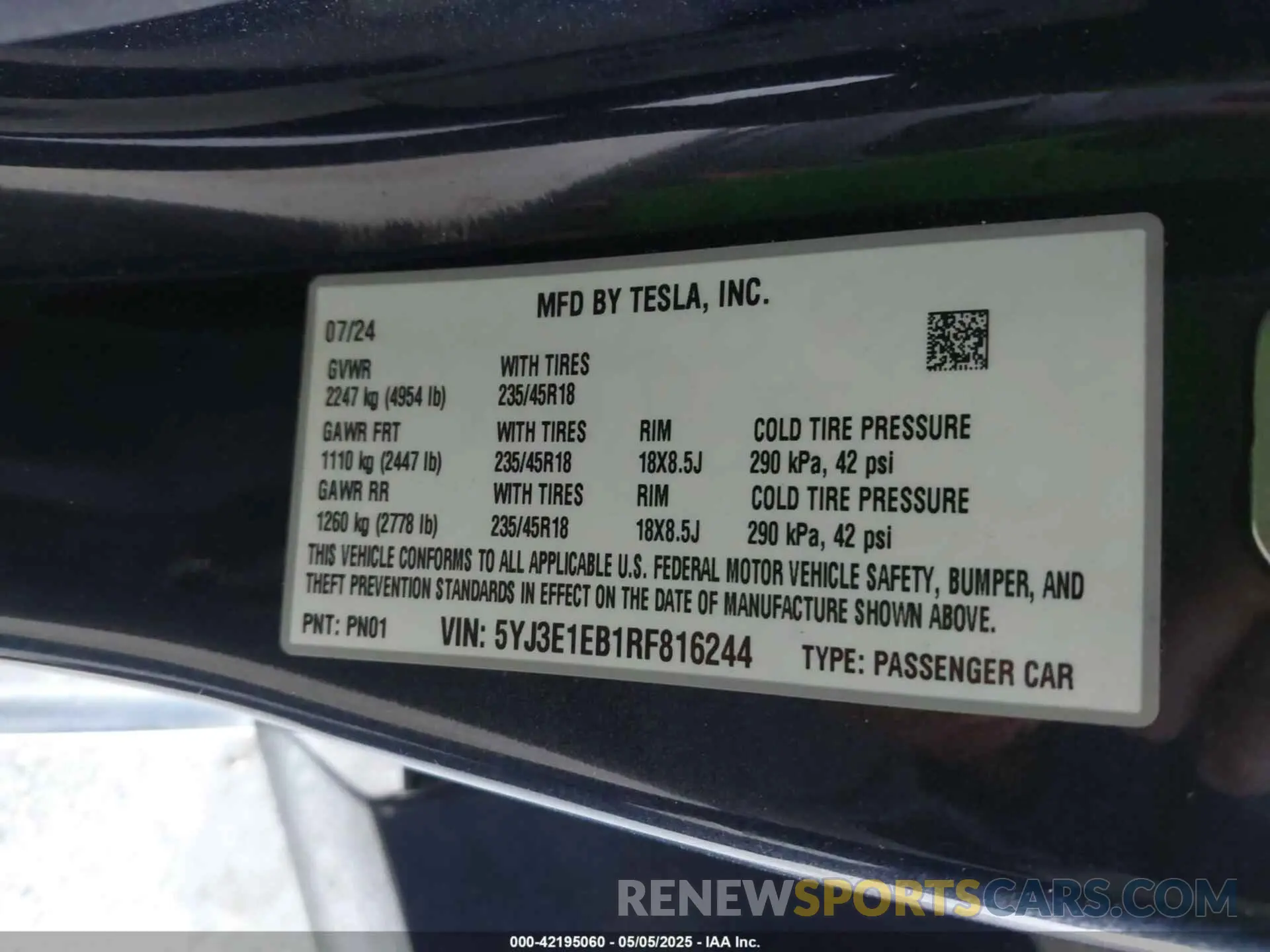 9 Фотография поврежденного автомобиля 5YJ3E1EB1RF816244 TESLA MODEL 3 2024