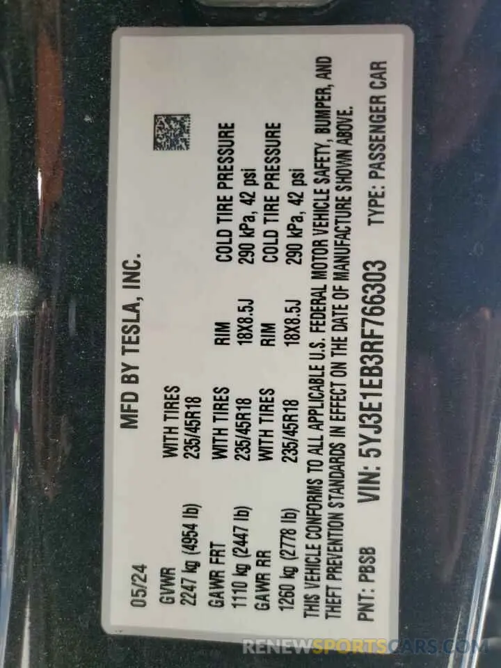 12 Photograph of a damaged car 5YJ3E1EB3RF766303 TESLA MODEL 3 2024
