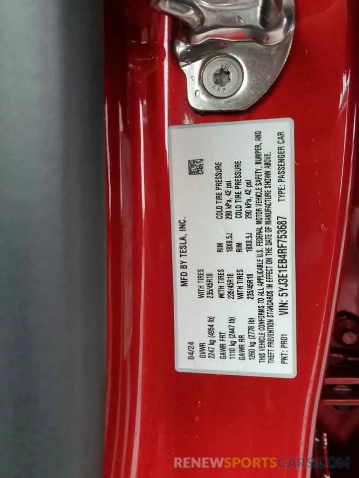 13 Photograph of a damaged car 5YJ3E1EB4RF753687 TESLA MODEL 3 2024