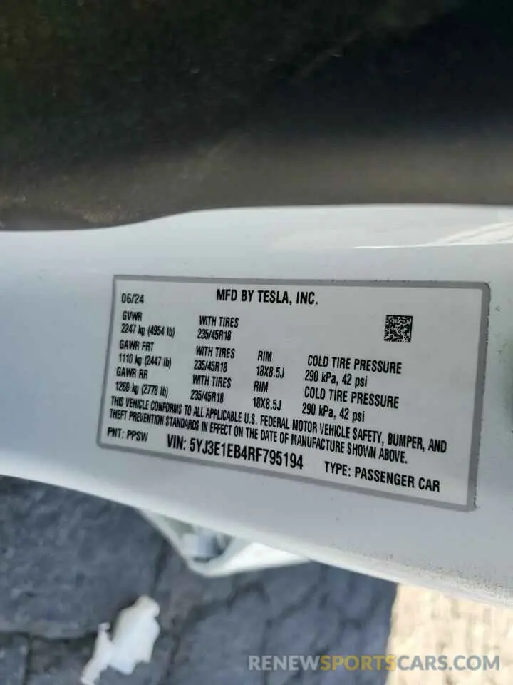 13 Photograph of a damaged car 5YJ3E1EB4RF795194 TESLA MODEL 3 2024