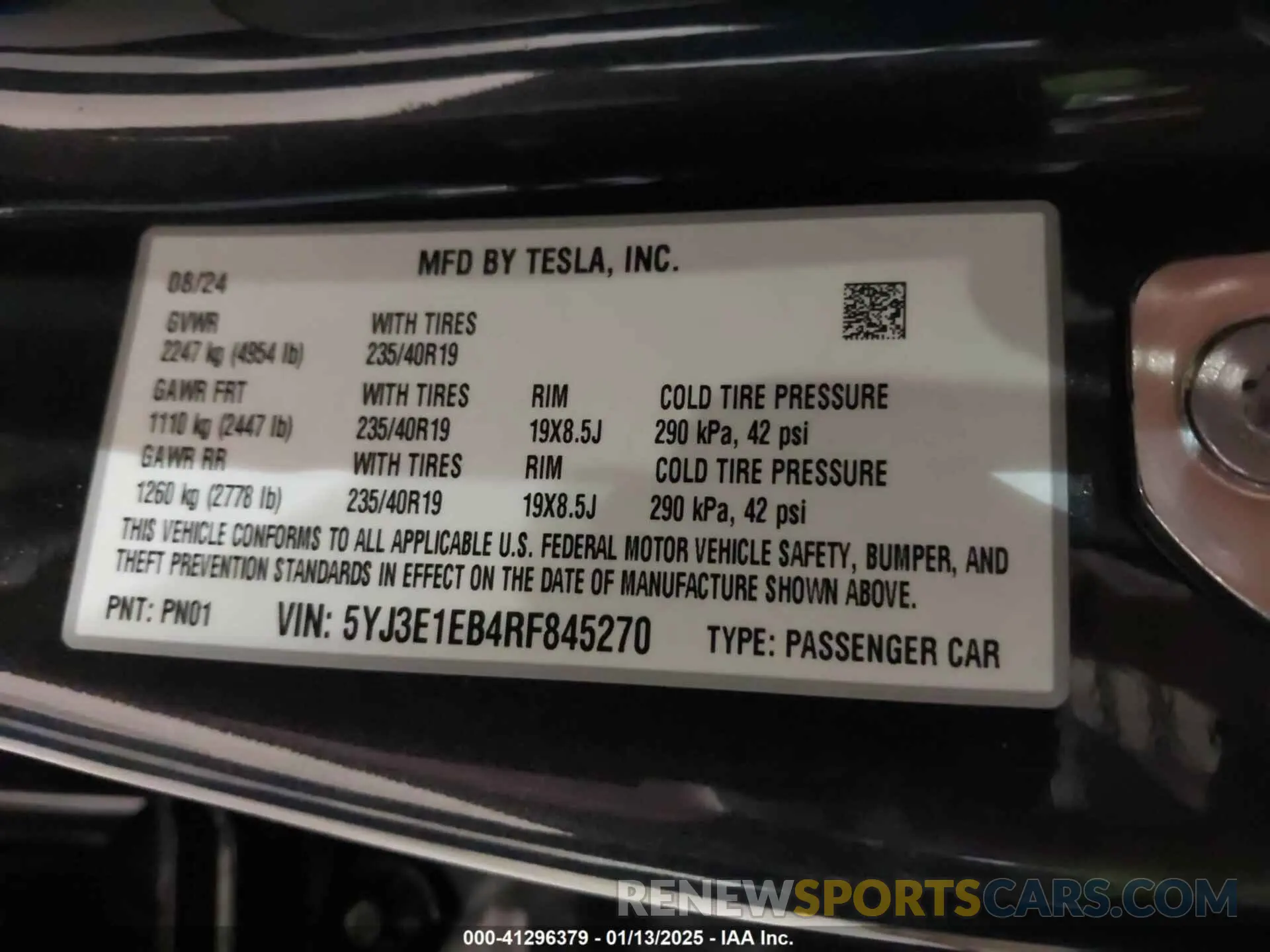 9 Photograph of a damaged car 5YJ3E1EB4RF845270 TESLA MODEL 3 2024