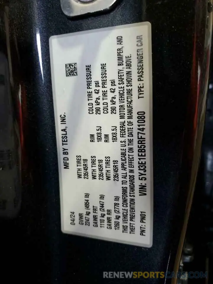 13 Photograph of a damaged car 5YJ3E1EB5RF741080 TESLA MODEL 3 2024