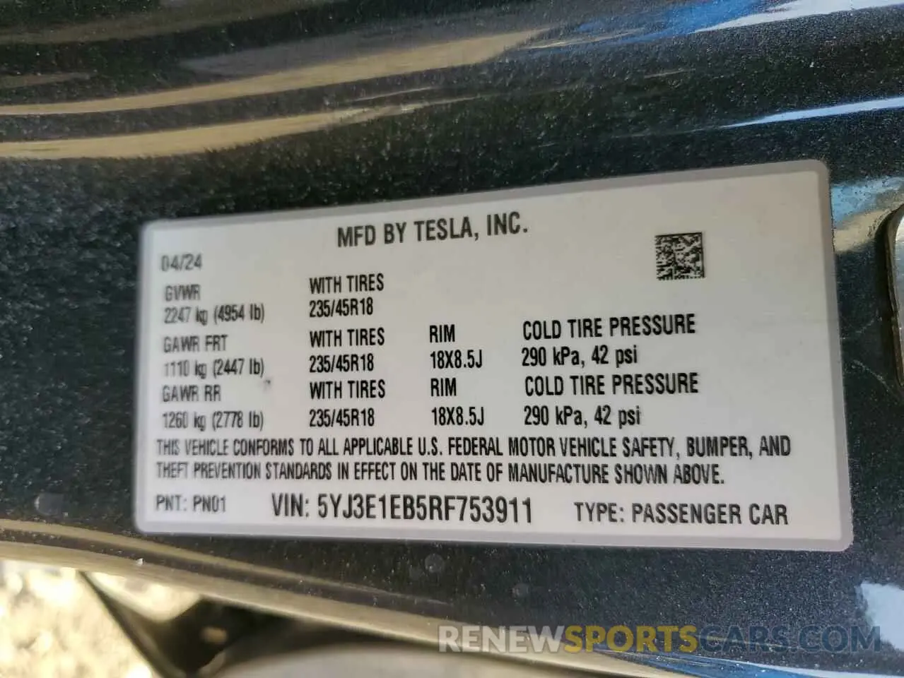 14 Фотография поврежденного автомобиля 5YJ3E1EB5RF753911 TESLA MODEL 3 2024