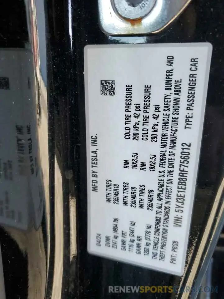 12 Фотография поврежденного автомобиля 5YJ3E1EB8RF756012 TESLA MODEL 3 2024