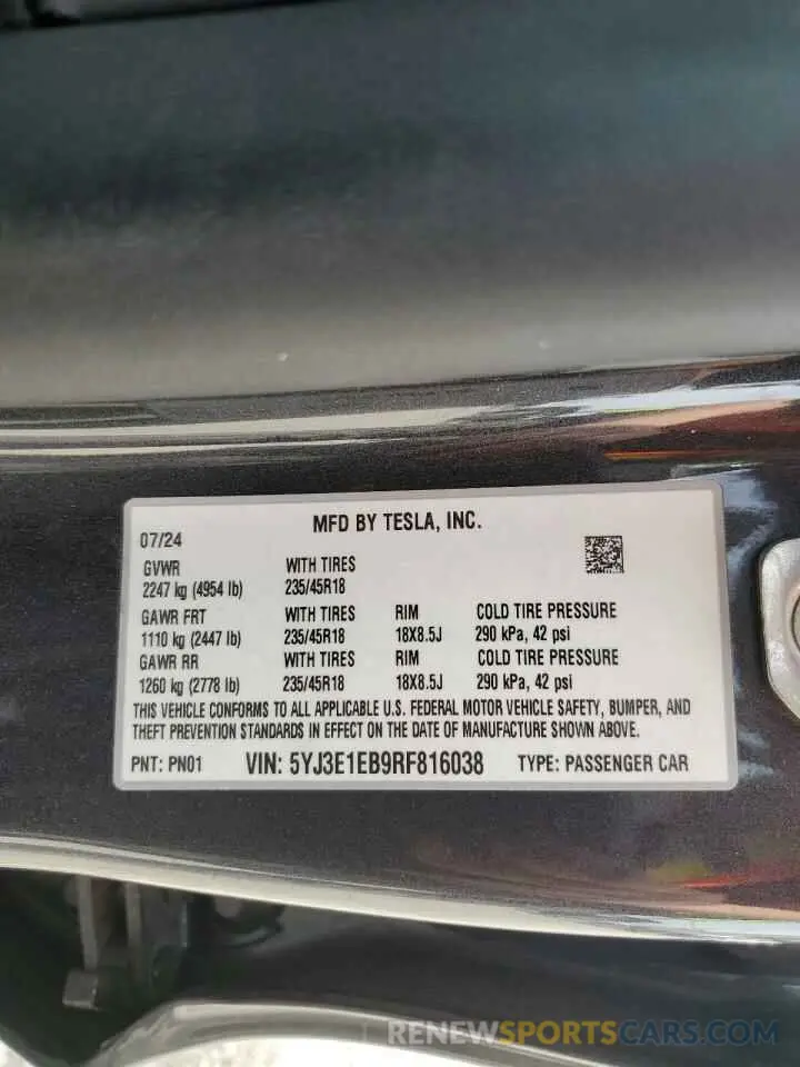 13 Photograph of a damaged car 5YJ3E1EB9RF816038 TESLA MODEL 3 2024