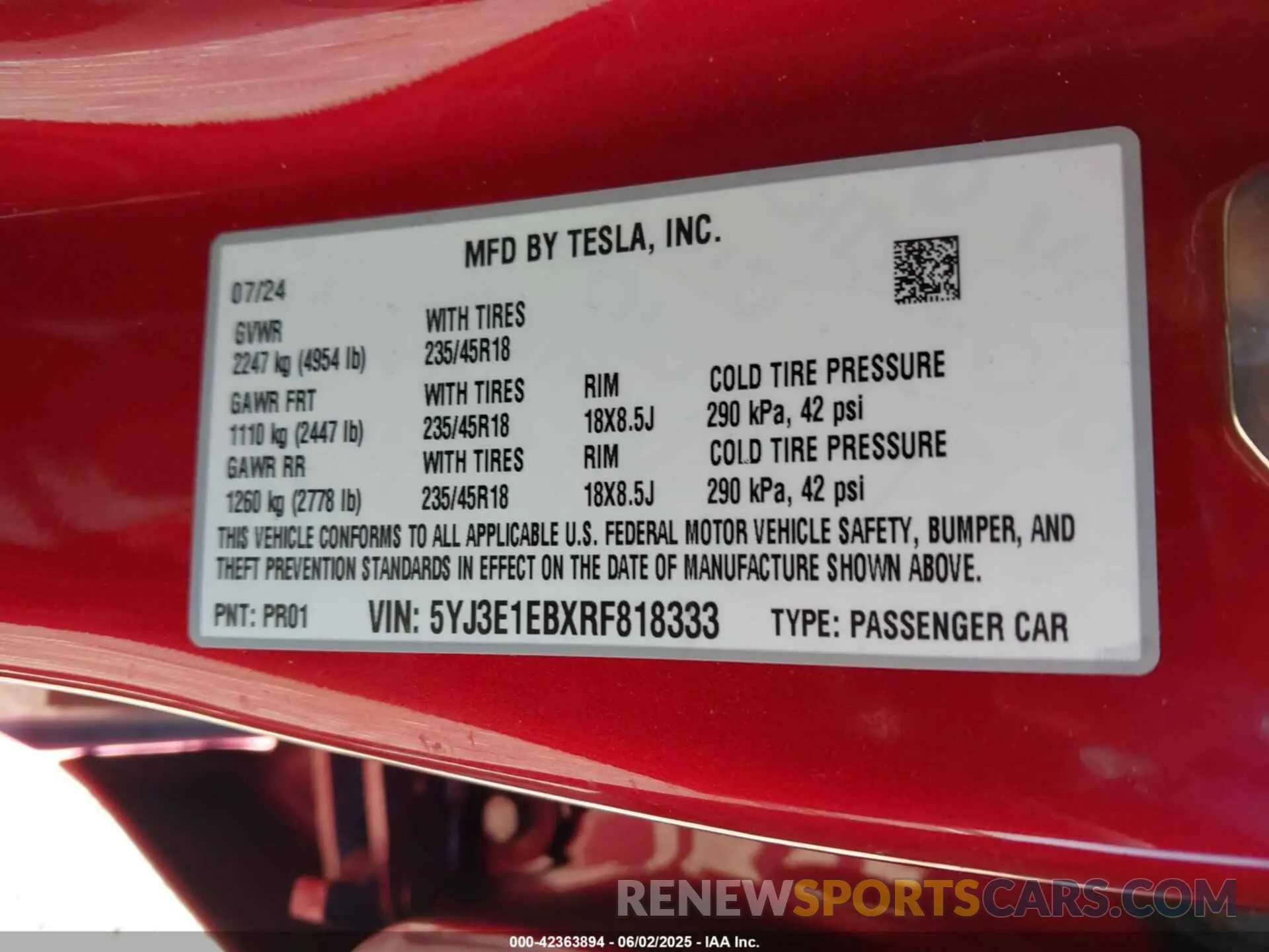 9 Photograph of a damaged car 5YJ3E1EBXRF818333 TESLA MODEL 3 2024