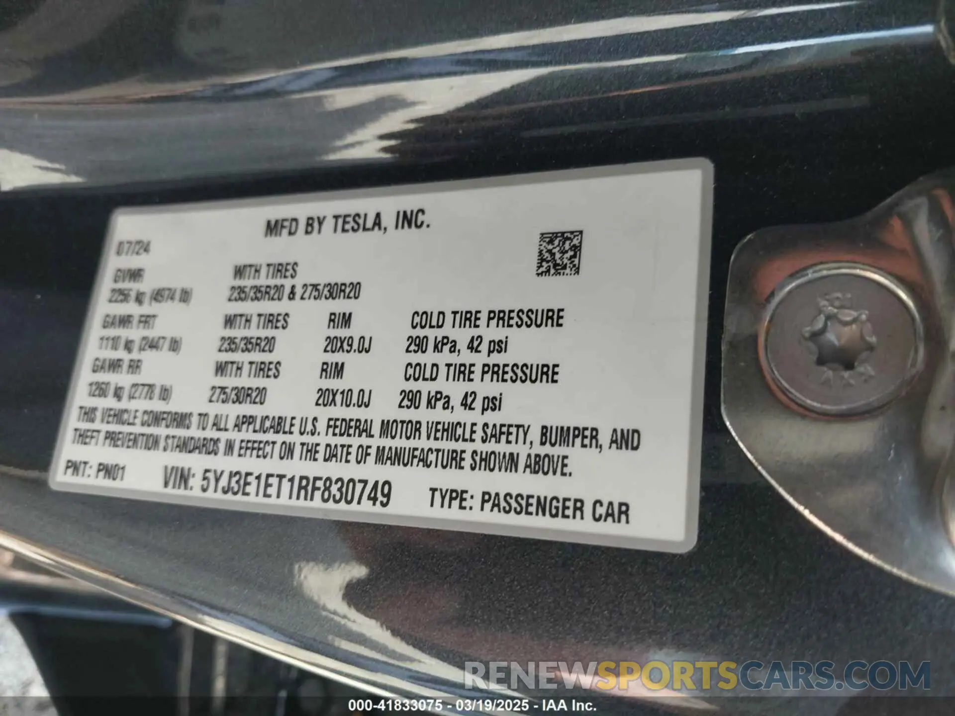 9 Фотография поврежденного автомобиля 5YJ3E1ET1RF830749 TESLA MODEL 3 2024
