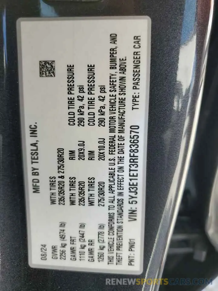 12 Фотография поврежденного автомобиля 5YJ3E1ET3RF836570 TESLA MODEL 3 2024