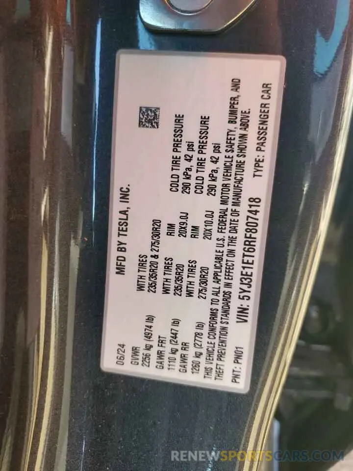 12 Photograph of a damaged car 5YJ3E1ET6RF807418 TESLA MODEL 3 2024