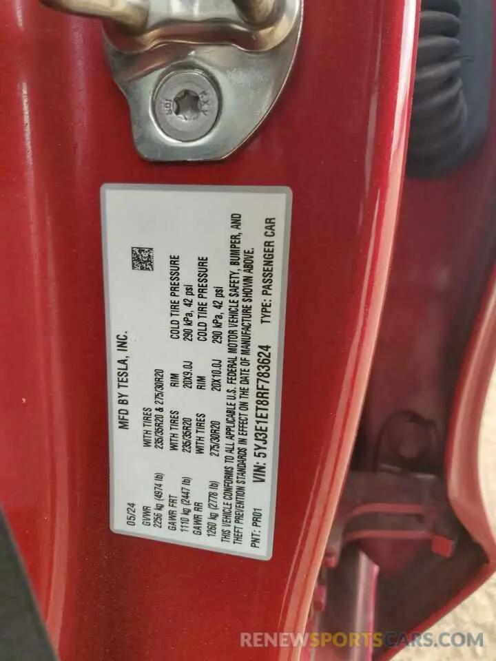 12 Фотография поврежденного автомобиля 5YJ3E1ET8RF783624 TESLA MODEL 3 2024