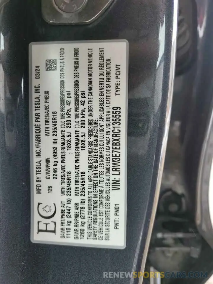 13 Photograph of a damaged car LRW3E7EBXRC135559 TESLA MODEL 3 2024