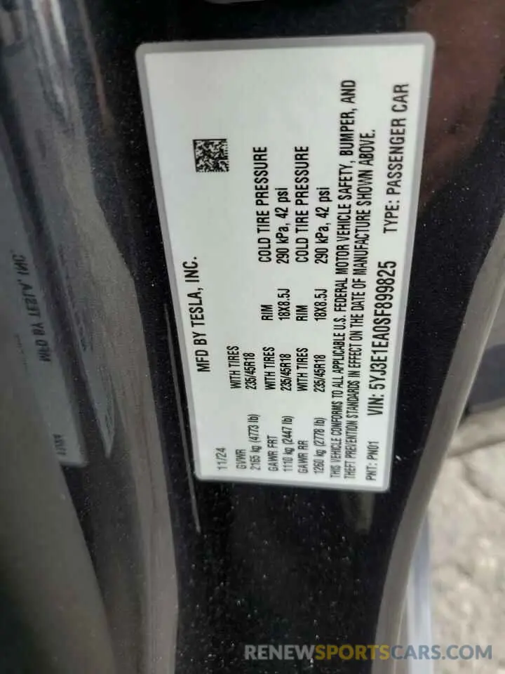 14 Фотография поврежденного автомобиля 5YJ3E1EA0SF899825 TESLA MODEL 3 2025