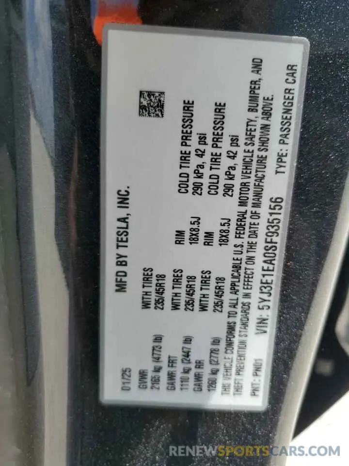 12 Photograph of a damaged car 5YJ3E1EA0SF935156 TESLA MODEL 3 2025