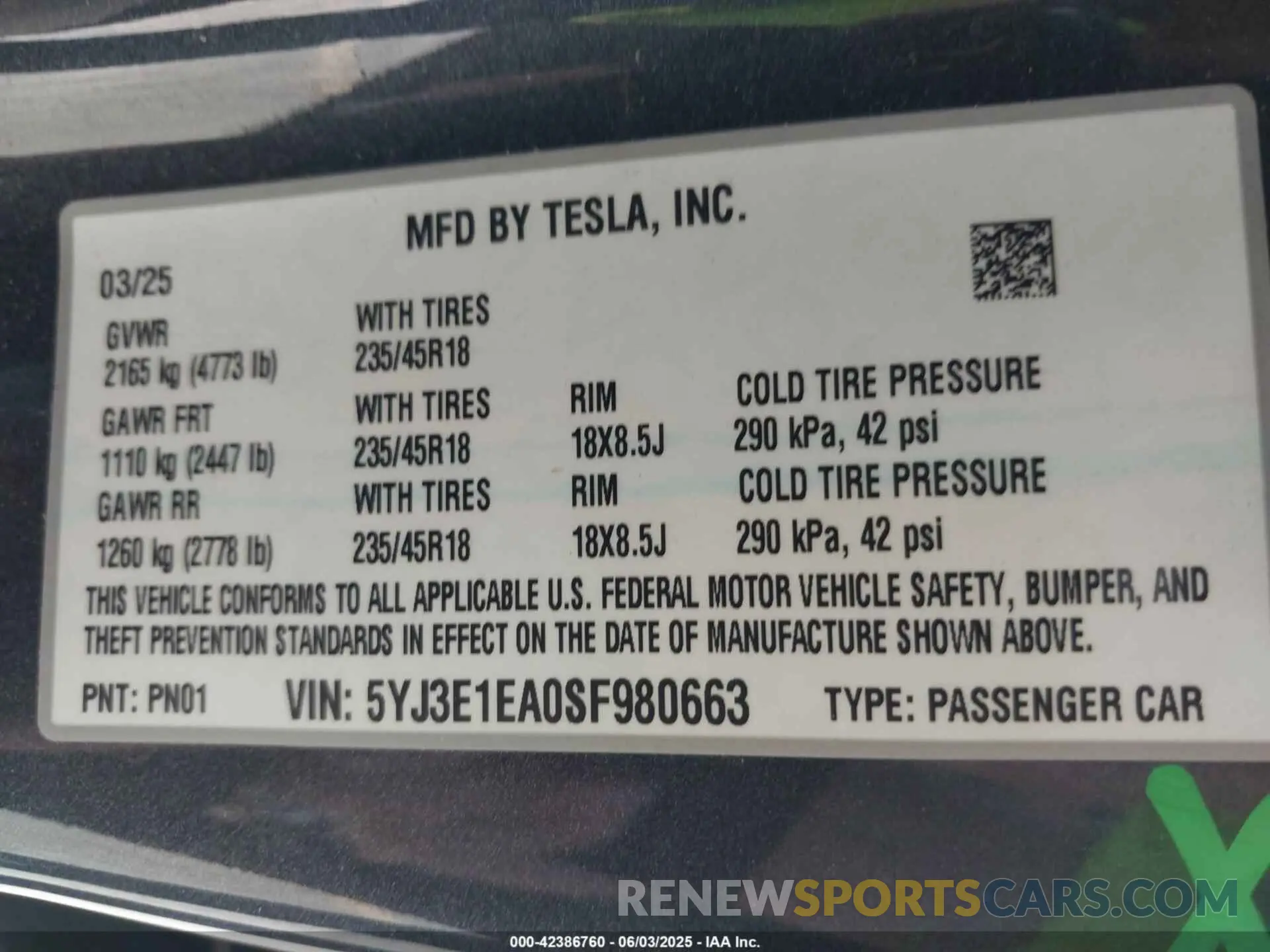 9 Фотография поврежденного автомобиля 5YJ3E1EA0SF980663 TESLA MODEL 3 2025