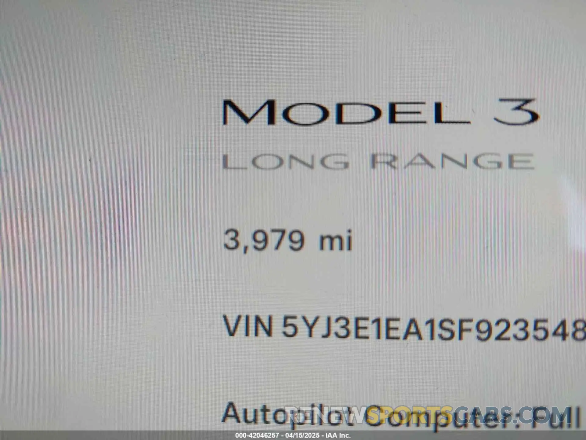 15 Фотография поврежденного автомобиля 5YJ3E1EA1SF923548 TESLA MODEL 3 2025