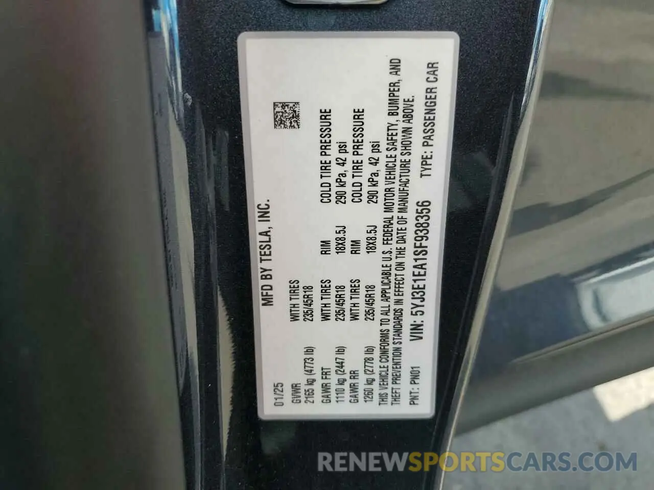 15 Photograph of a damaged car 5YJ3E1EA1SF938356 TESLA MODEL 3 2025