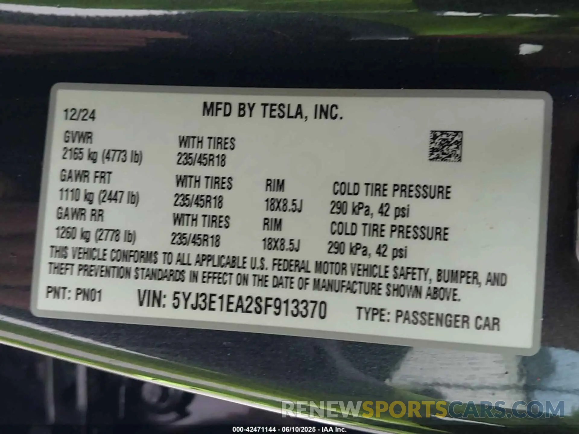 9 Фотография поврежденного автомобиля 5YJ3E1EA2SF913370 TESLA MODEL 3 2025