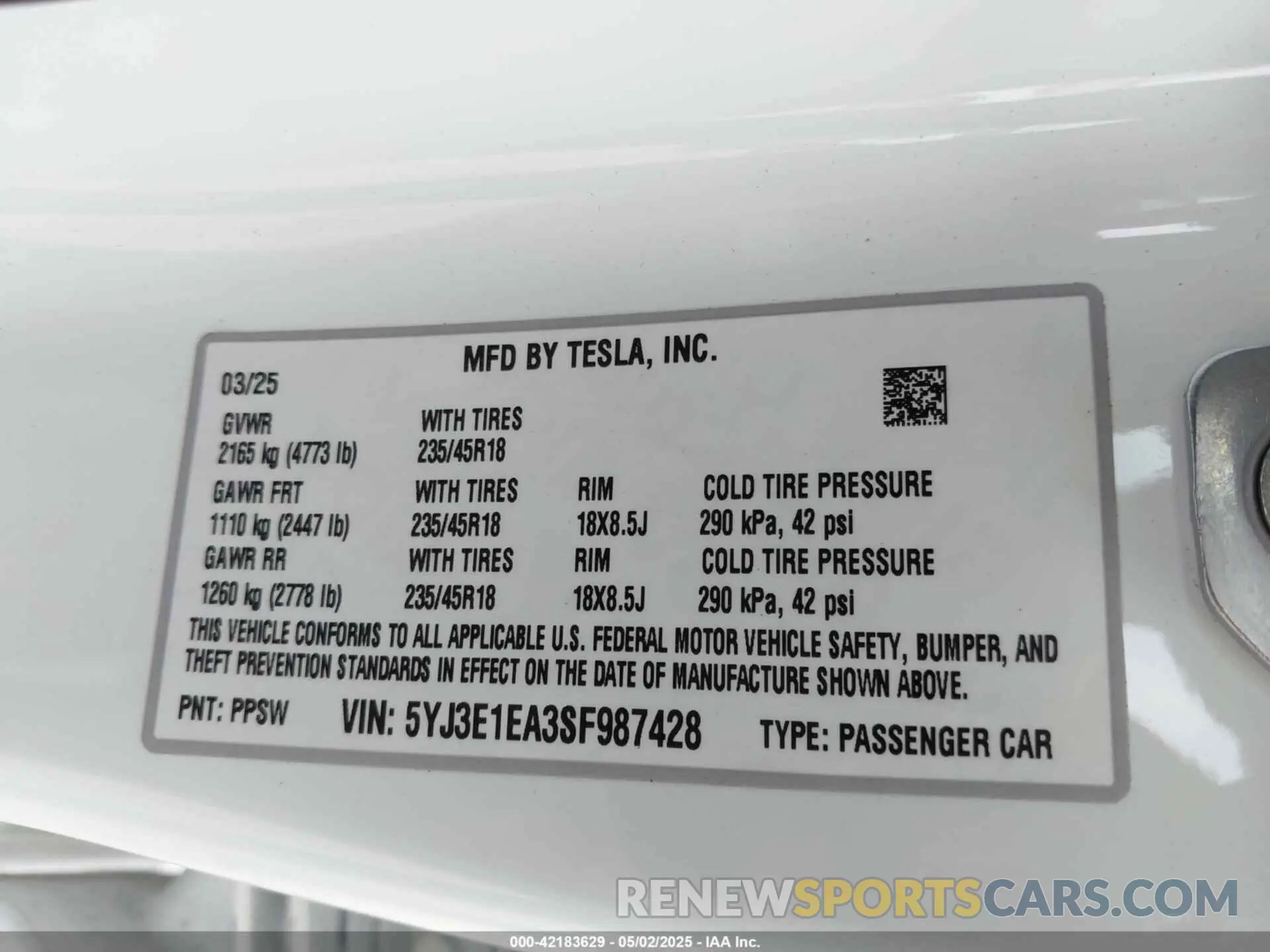9 Фотография поврежденного автомобиля 5YJ3E1EA3SF987428 TESLA MODEL 3 2025