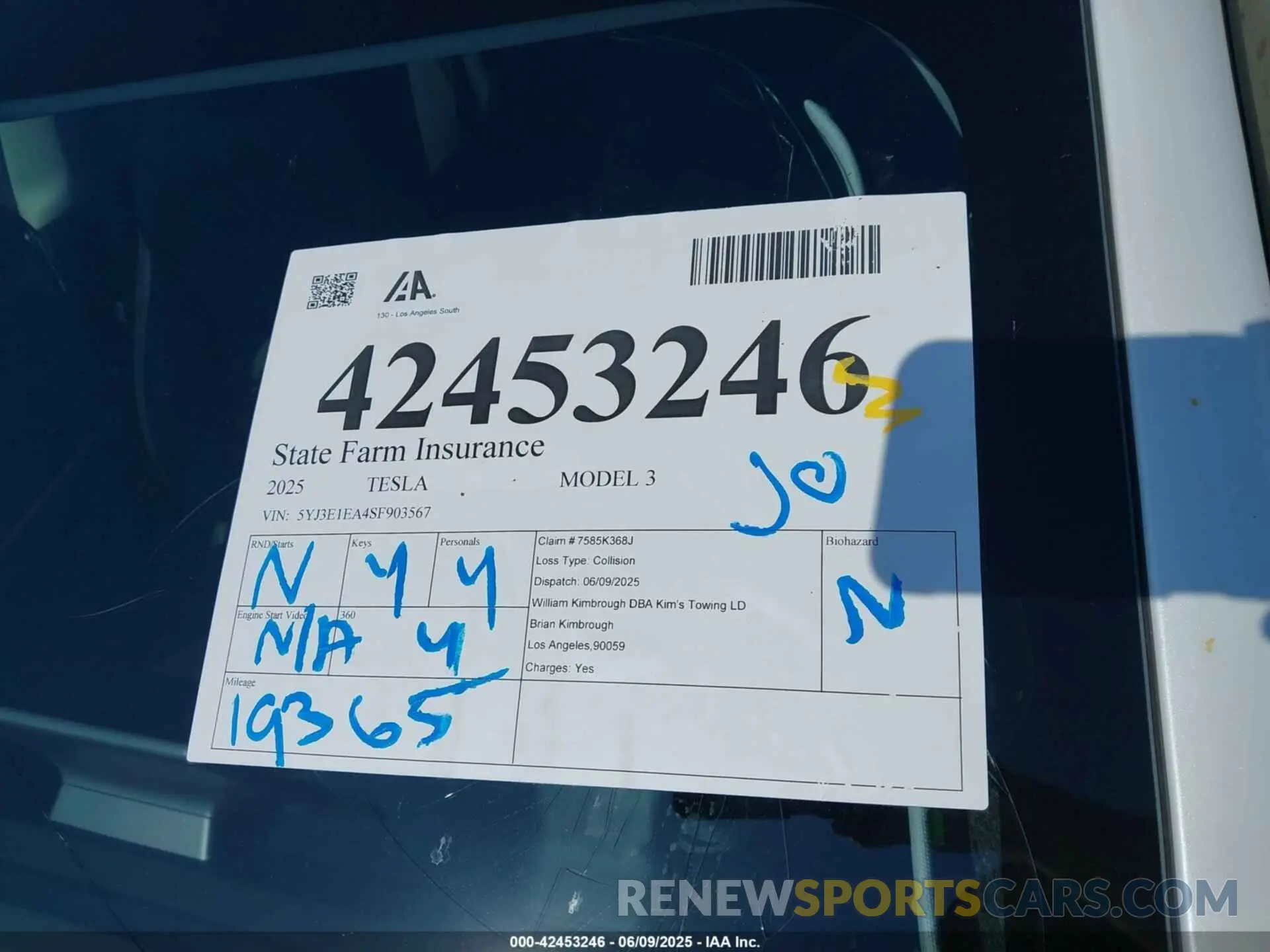 20 Фотография поврежденного автомобиля 5YJ3E1EA4SF903567 TESLA MODEL 3 2025