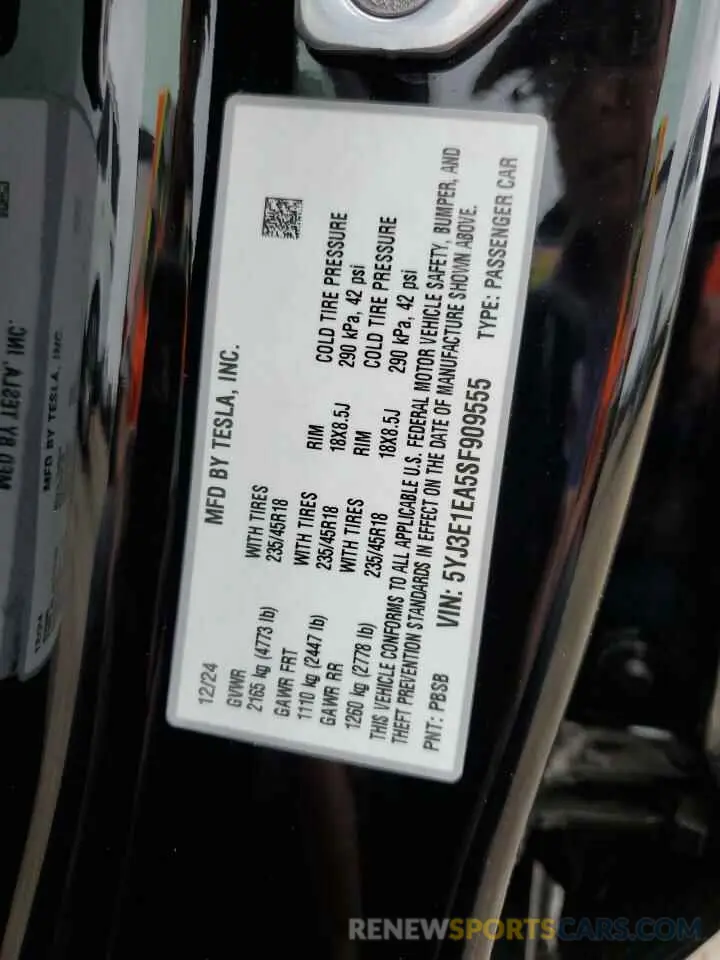 14 Photograph of a damaged car 5YJ3E1EA5SF909555 TESLA MODEL 3 2025