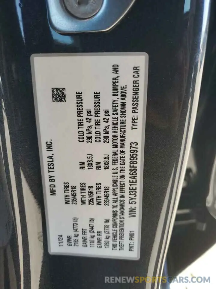 12 Фотография поврежденного автомобиля 5YJ3E1EA6SF895973 TESLA MODEL 3 2025