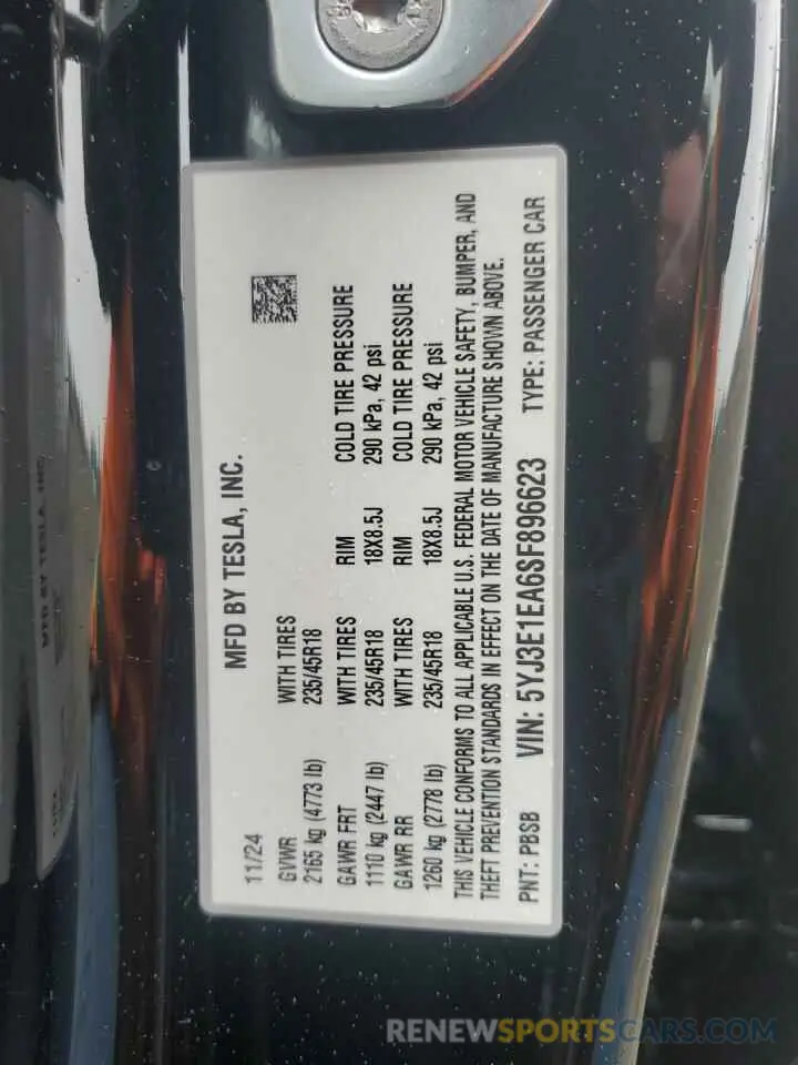 12 Photograph of a damaged car 5YJ3E1EA6SF896623 TESLA MODEL 3 2025