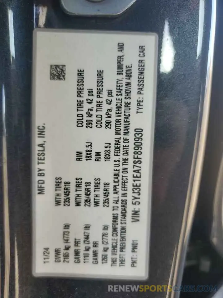 15 Photograph of a damaged car 5YJ3E1EA7SF890930 TESLA MODEL 3 2025