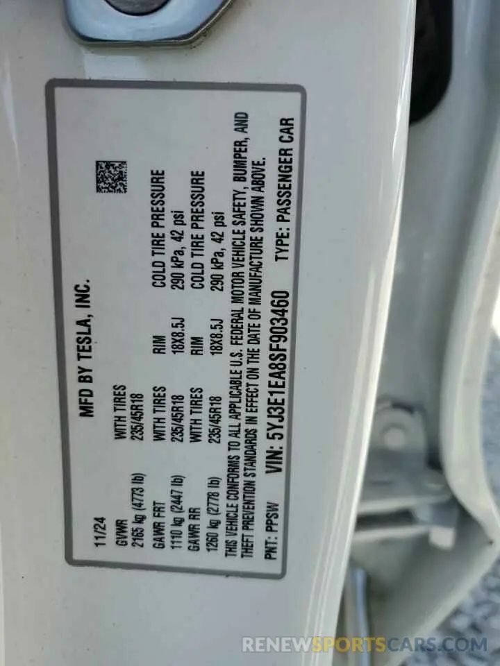 13 Фотография поврежденного автомобиля 5YJ3E1EA8SF903460 TESLA MODEL 3 2025
