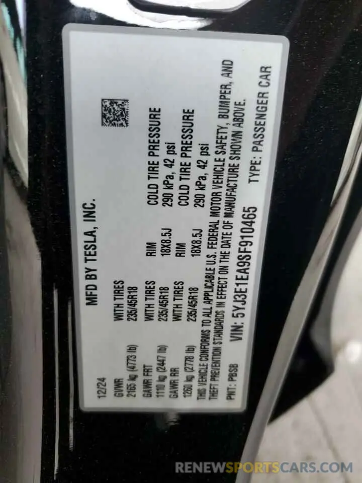 12 Photograph of a damaged car 5YJ3E1EA9SF910465 TESLA MODEL 3 2025