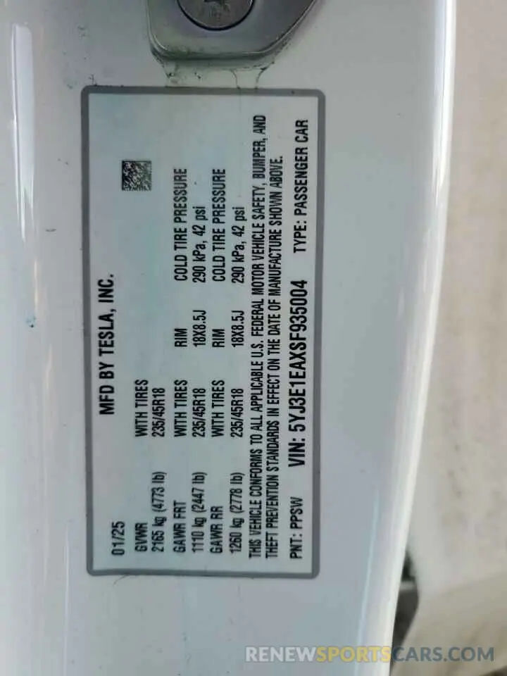 12 Photograph of a damaged car 5YJ3E1EAXSF935004 TESLA MODEL 3 2025